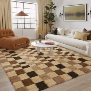 8x10 Checkered Area Rug Brown Fluffy Shag Living Room Throw Carpet Washable Non-Slip Soft Pile Fuzzy Large Rug