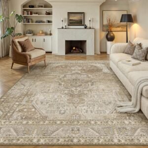 8x10 Washable Vintage Area Rug for Living Room Bedroom Beige Grey Soft Tranditional Non Slip Large Throw Rug