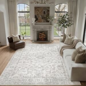 8x10 Beige Washable Area Rug for Living Room Bedroom Neutral Soft Floral Non Slip Large Throw Rug
