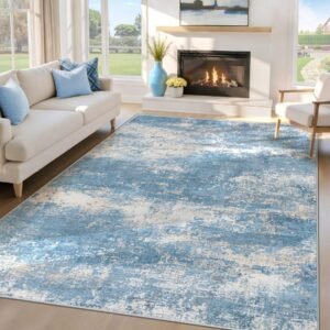 5x7 Area Rugs for Living Room: Washable Modern Abstract Blue Rug